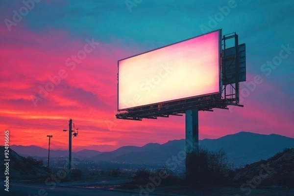 Fototapeta A Blank Billboard at Sunset Over Mountains and Town
