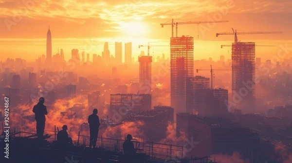 Obraz Sunrise over a futuristic city as silhouetted workers construct modern buildings, symbolizing growth and future development in 2025