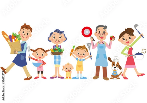 Fototapeta 調理を楽しむ三世代家族