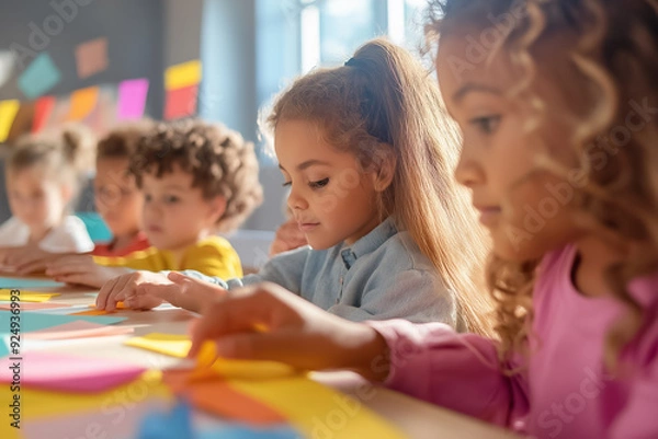 Fototapeta Children engaging in a creative activity with colorful paper in a bright classroom during the afternoon