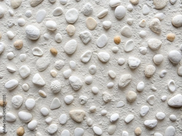 Fototapeta Simple white textured background featuring assorted small rocks of varied sizes and shapes, scattered randomly to create a clean and understated visual effect.