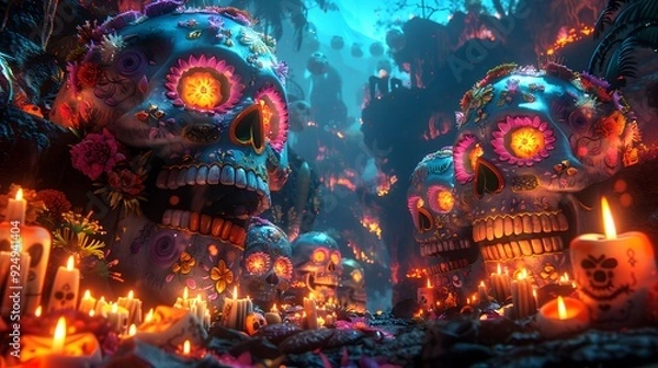 Obraz Day of the Dead Sugar Skulls with Candles.