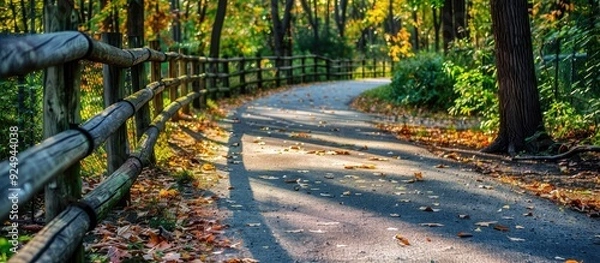 Fototapeta High angle view of a park footpath with a fence during autumn. with copy space image. Place for adding text or design