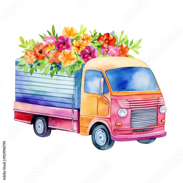 Obraz Colorful watercolor truck with vibrant flowers in the back, perfect for spring or summer themed designs.