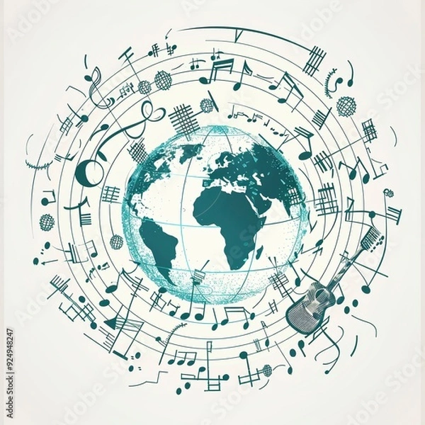 Fototapeta a globe surrounded by connected music notes and musical instruments, vector style, single color, simple lines ,generative ai