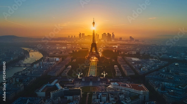 Fototapeta sunset behind eiffel tower city