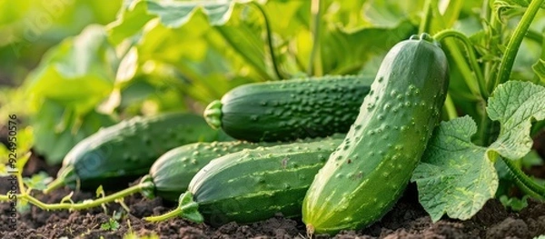 Fototapeta Homemade cucumber growing and harvesting Selective focus. with copy space image. Place for adding text or design