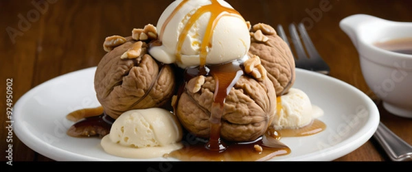 Fototapeta Maple Walnut Delight: Vanilla Ice Cream with a Sweet Drizzle