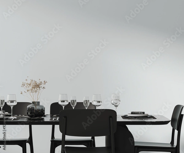Fototapeta A beautiful dining table setted with cutlery, plates, glasses and decor, black furniture and empty white wall, 3d rendering