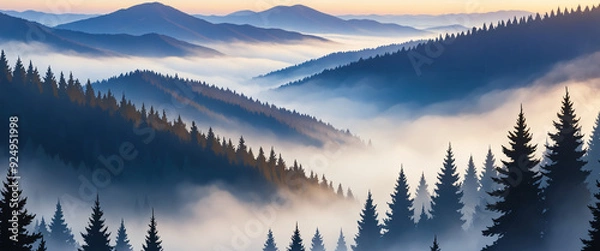 Fototapeta An Anime Foggy Mountains hidden in the Forest 
