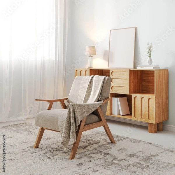 Fototapeta Modern living room interior background, armchair with frame mock up on cupboard, 3d render