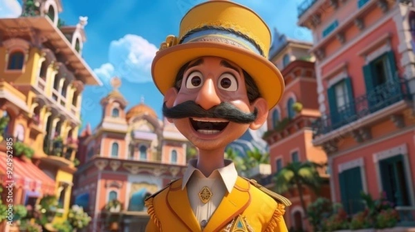 Fototapeta Tranquil 3D Animated Indian Fisherman in Traditional Wooden Boat at Serene River Scene During Early Morning Light