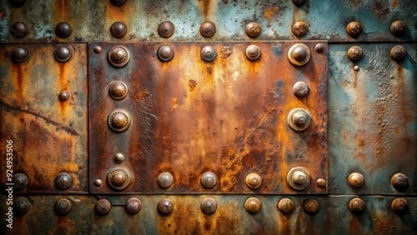 Fototapeta Close-up of distressed, riveted metal texture with visible bolts and scratches, conveying a sense of industrial strength and rugged, battle-hardened durability.