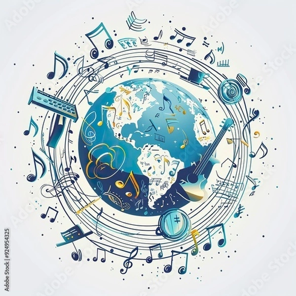 Fototapeta a globe surrounded by connected music notes and musical instruments, vector style, single color, simple lines ,generative ai
