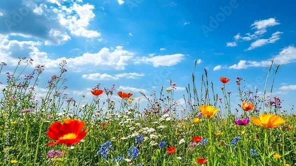 Fototapeta Expansive Open Field of Swaying Wildflowers Under Bright Blue Sky