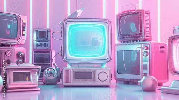 Obraz Holographic interfaces on vintage gadgets, front view, blending retro design with futuristic functionality, scifi tone, Colored pastel
