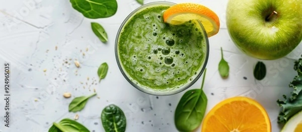 Fototapeta Freshly mixed green smoothie in a glass against a white background Template for a detox recipe copyspace Vegetarian dish Green juice containing kale orange apple and lemon