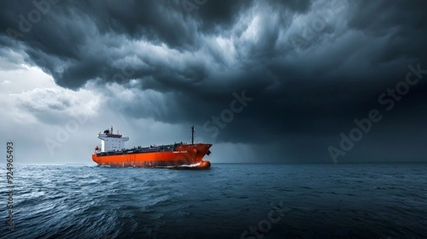Fototapeta Cargo Ship Sailing Through Dramatic Stormy Seascape with Ominous Clouds on Horizon