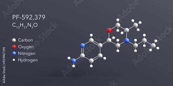 Fototapeta pf-592,379 molecule 3d rendering, flat molecular structure with chemical formula and atoms color coding