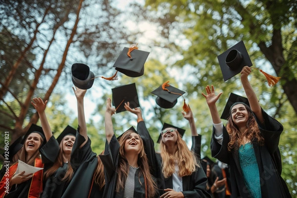 Fototapeta Graduates are stand up in line to get your degree ,vintage style,graduates cap. students after receiving their diplomas. throwing their caps up. joy of finishing university or college graduation