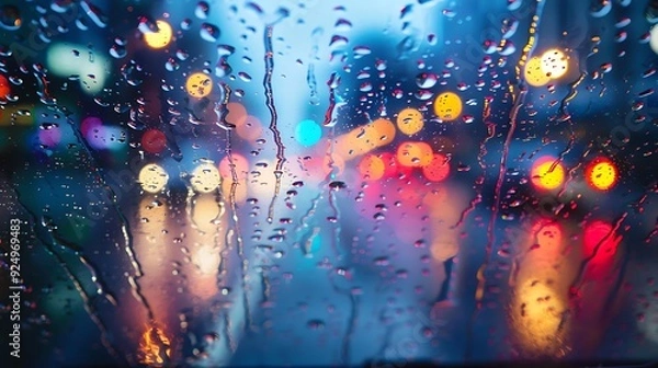 Fototapeta water drops on a car windshield during a rainstorm, with city lights creating a bokeh effect in the background.