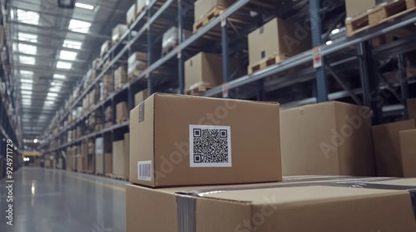 Obraz Automatic logistics management. smart packaging into the warehouse workflow, Cardboard box tags and QR codes for efficient tracking, authentication, and traceability throughout, Generative Ai