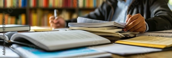Obraz An individual in a library environment, surrounded by open books and notebooks, deeply engaged in reading and writing tasks, signifying hard work.