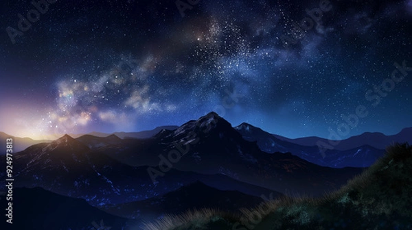 Fototapeta A beautiful night sky with a mountain range in the background