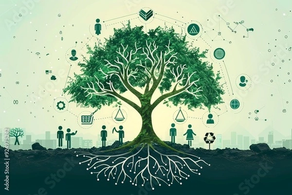 Fototapeta  An artistic depiction of ESG (Environmental, Social, and Governance) risk management, illustrating the integration of sustainable practices in business operations