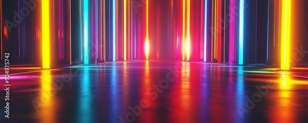 Fototapeta Colorful neon lights illuminate a reflective surface.
