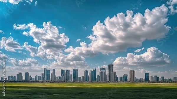 Fototapeta City and Clouds: The modern skyline of Doha, Qatar, viewed from Sheraton Park on January 14, 2022, under a partly cloudy sky. Urban landscape in daylight.