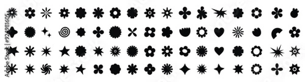 Fototapeta Black flowers and shapes icons. Daisy floral organic form cloud star and other elements in trendy playful brutal style. Vector illustrations isolated on white background