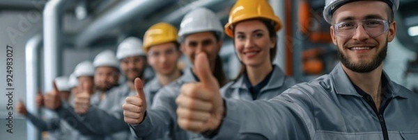 Fototapeta Several industrial workers in grey uniforms and helmets giving a thumbs up in a factory setting, emphasizing safety and teamwork.
