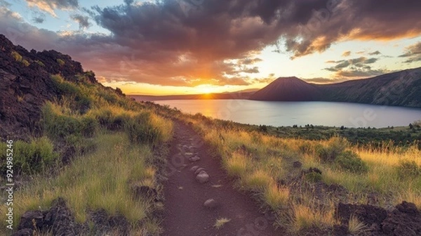 Fototapeta Serene Sunset Trail Overlooking Tranquil Lake - A scenic trail winds through a grassy meadow towards a tranquil lake, with a majestic mountain in the background and a vibrant sunset illuminating the s