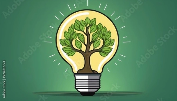 Fototapeta Illustration of a light bulb with a tree growing inside, symbolizing green energy and eco-friendly innovation on a green background.