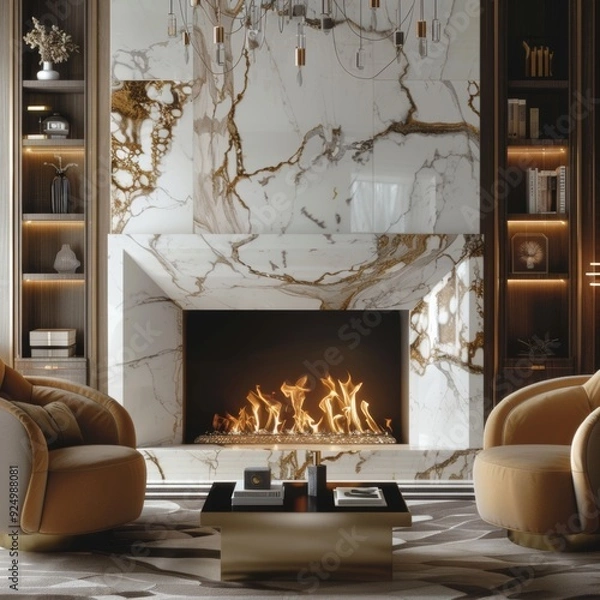 Fototapeta Modern living room interior with a fireplace, two armchairs, and a coffee table.