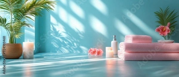 Fototapeta Serene Spa Setting with Pink Towels, Flowers, and Green Plants in Sunlit Room with Blue Walls