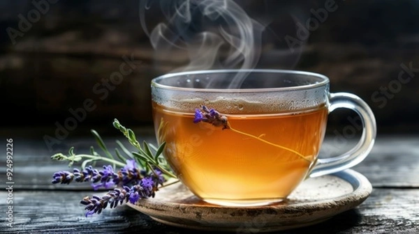 Fototapeta Aromatic Lavender Tea in a Glass Mug with Steam