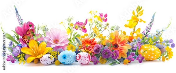 Fototapeta spring flowers isolated, Easter bouquet of springtime flowers and Easter eggs set on a white backdrop.