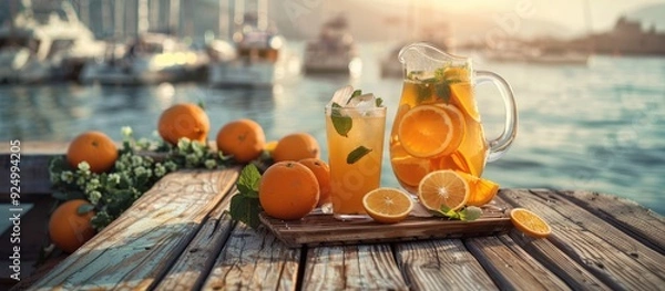 Fototapeta On a wooden table against a backdrop of the sea and marina there is an inviting cold drink composition featuring a pitcher glass oranges ice and mint leaves Ample copy space image available