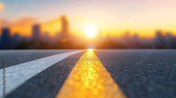 Obraz Serene Sunset on Rainy City Street with a Focused Yellow Line