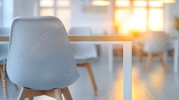 Obraz Modern Gray Chairs and Wooden Table in Spacious Café
