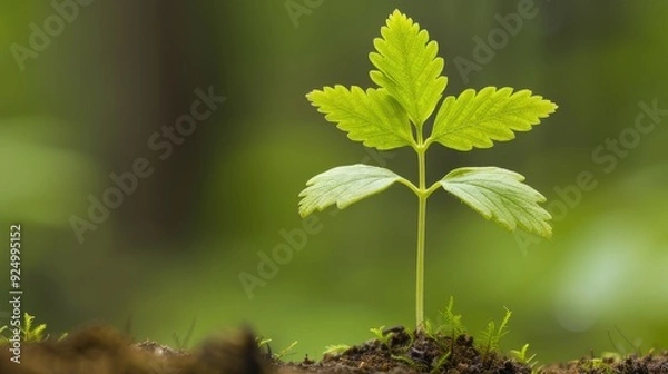 Obraz Lone Green Plant with Yellow Leaves and White Stems in Potential Outdoor Setting
