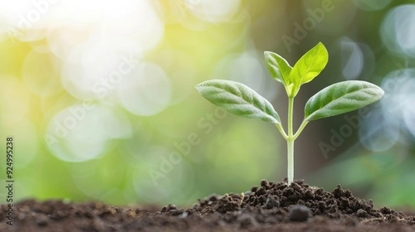 Obraz Small Green Plant with Three Leaves in Soil