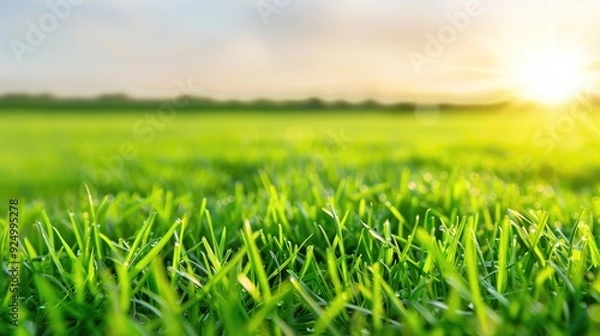 Obraz Sunny Day on Lush Green Lawn with Dew Drops