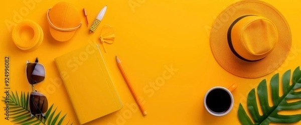 Obraz A Flat Lay Of Traveler Accessories On A Yellow Background, With Blank Space For Text, Including Sunglasses And A Passport