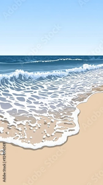 Fototapeta Foamy ocean waves rolling onto a sandy beach with a blue sky background.