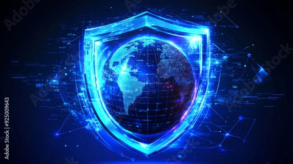 Fototapeta Cybersecurity and data protection concept on a blue background. Featuring database security software development and online security measures, with the Earth protected by a shield. Vector illustration