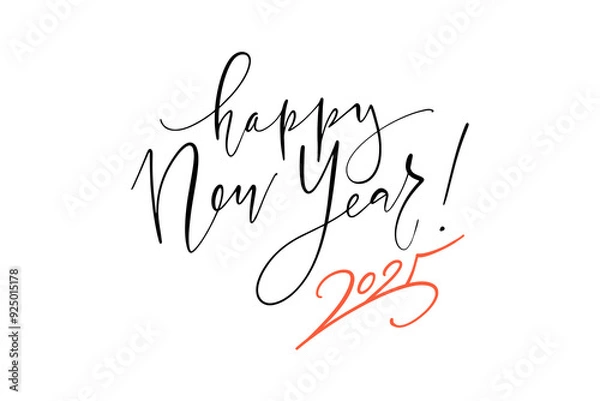 Fototapeta Vector illustration. Handwritten calligraphic brush lettering composition of Happy New Year 2025 on white background.