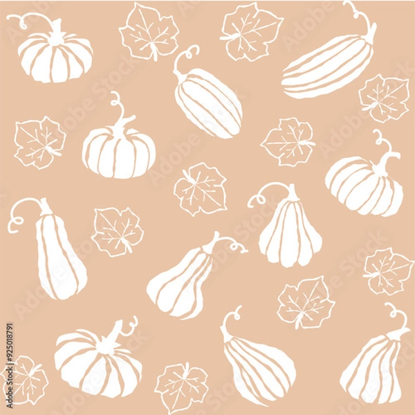 Fototapeta Beige background featuring a variety of hand-drawn pumpkins and leaves in a decorative pattern